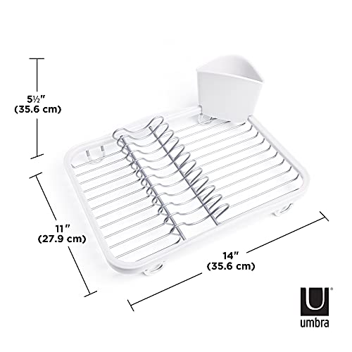 Umbra Sinkin Dish Drying Rack, in Sink or Countertop Drainer, White/Nickel | Removable utensil holder, non slip rubber feet, fits standard sizes, coated wire and plastic