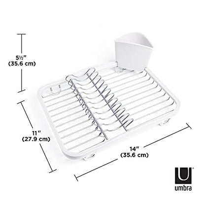 Umbra Sinkin Dish Drying Rack, in Sink or Countertop Drainer, White/Nickel | Removable utensil holder, non slip rubber feet, fits standard sizes, coated wire and plastic
