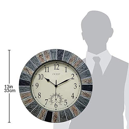 13 Inch Waterproof Indoor Outdoor Wall Clock with Thermometer, Brown | Silent non-ticking battery movement, brown easy-read dial for patio, pool, lanai, fence, porch, and garden