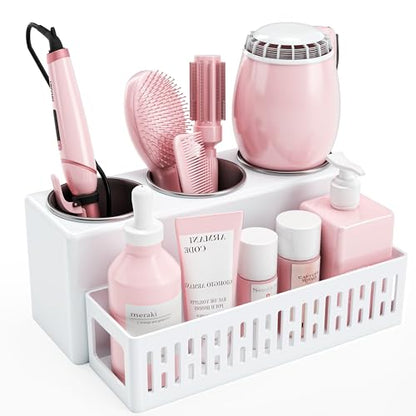 Hair Tool Organizer, Detachable Hair Dryer Holder with 3 Stainless Steel Cups, Wall Mounted Bathroom Organizers and Storage for Accessories, Curling Irons, Straighteners, Toiletries, Makeup