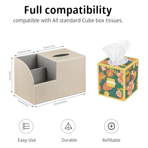 PUSU Square Tissue Box Cover with Storage and TV Remote Control Holder | Multi-Functional Cube facial Tissue Box Organizer for Bathroom,Vanity,Side table,Nightstand,End Table,Side table,Home Decor