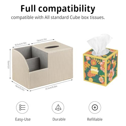PUSU Square Tissue Box Cover with Storage and TV Remote Control Holder | Multi-Functional Cube facial Tissue Box Organizer for Bathroom,Vanity,Side table,Nightstand,End Table,Side table,Home Decor