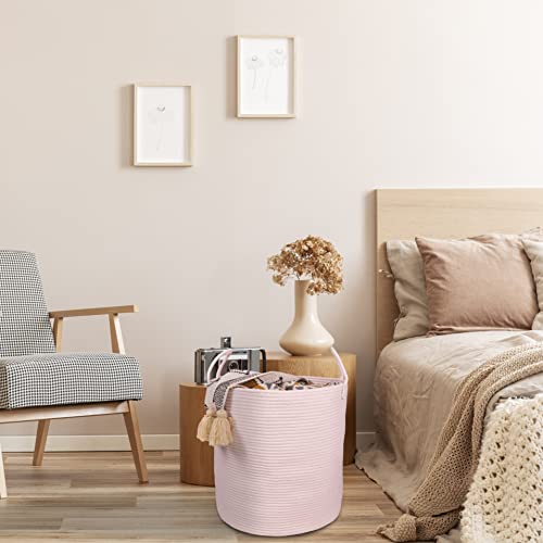 XUANGUO Cotton Rope Laundry Basket Hamper for Girls Kids Baby Nursery Pink | Large Nursery Hamper Bin and Woven Storage Basket for Living Room Girls Room Boho Tall Rope Baskets for Blankets Toys