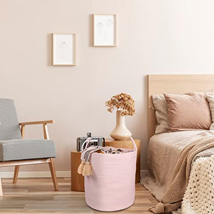XUANGUO Cotton Rope Laundry Basket Hamper for Girls Kids Baby Nursery Pink | Large Nursery Hamper Bin and Woven Storage Basket for Living Room Girls Room Boho Tall Rope Baskets for Blankets Toys