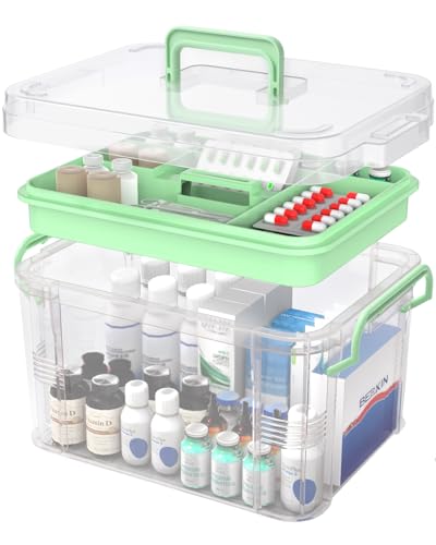 NZYNZY 15QT Clear Medicine Organizer Storage Box with Handle Medicine Container with Tray, Thickened Plastic Empty First Aid Box, Multipurpose Medical Medication Caddy Container Chest