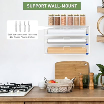Kitchen Wrap Organizer, Foil and Plastic Wrap Organizer 3 in 1 with Sliding Cutter, Acrylic Wrap Dispenser for Drawer or Wall Mount, Fits 12 Inch Rolls