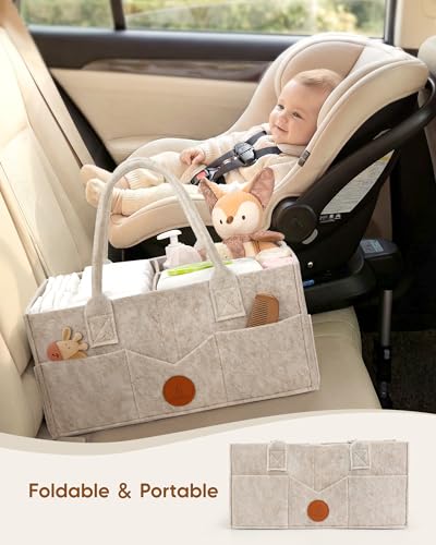Maliton Felt Diaper Caddy Organizer for Changing Table - Large, Khaki | 15x9x7" Portable Nursery Storage Bin and Car Organizer for Diapers, Wipes. Boy & Girl Shower Gift Basket, Baby Essentials