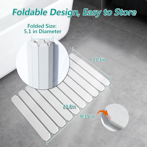 Foldable Stone Bath Mat, Diatomaceous Earth Mat, Quick Dry Slatted Shower Mat, Non-Slip Bathroom Floor Mat with Portable Design for Tub, Sink, and Entryway – 23.8" x 15.3", Gray White