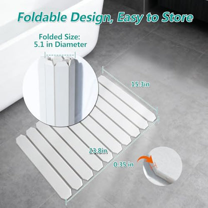Foldable Stone Bath Mat, Diatomaceous Earth Mat, Quick Dry Slatted Shower Mat, Non-Slip Bathroom Floor Mat with Portable Design for Tub, Sink, and Entryway – 23.8" x 15.3", Gray White