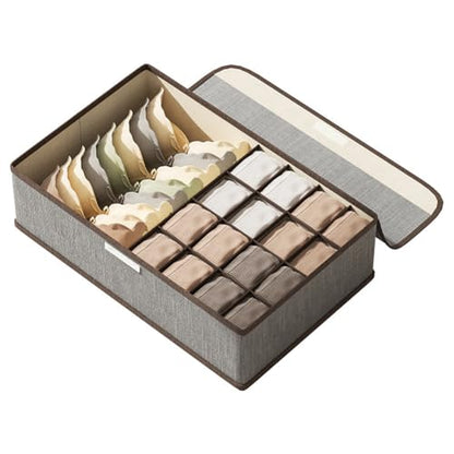 Underwear Sock Tie Storage Organizer with Lid, Foldable Closet Drawer Organizer 1+16 Cells, Drawer Fabric Foldable Cabinet Closet Storage Boxe (Grey)