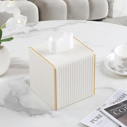 Square PU Leather Tissue Box Cover with Magnetic Closure, Decorative Tissue Holder & Storage Container for Bedroom, Living Room, Dining Room, Bathroom, Countertop, Desk & Office (White)