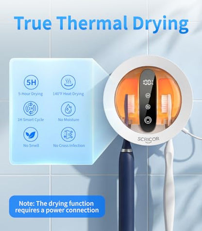 Toothbrush Holder with Dual UV & Heated Drying Wall Mounted 2026 | Upgraded Toothbrush Organizer for Bathroom Type-C Rechargeable Covered 2-Slot Storage for Manual and Electric Toothbrushes
