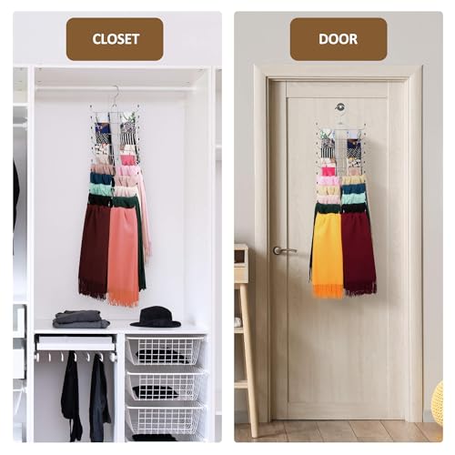 2 Pack Scarf Hanger, Scarf Organizer for Closet, Holds 40 Scarves | Sturdy Metal Scarf Holder Hijab Rack with 40 Hooks, 360° Rotating, Foldable Design, Hanging Closet Organizers and Storage