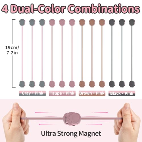 Magnetic Cable Ties 24 Pack, Dual-Color Cat Paw 7.2" Silicone Ties | Strong Magnet Hold / Embedded Safe Magnet / Easy Slide Open / Flex Silicone / Dual-Color Cat Paw / Multi Use / Fridge Magnet