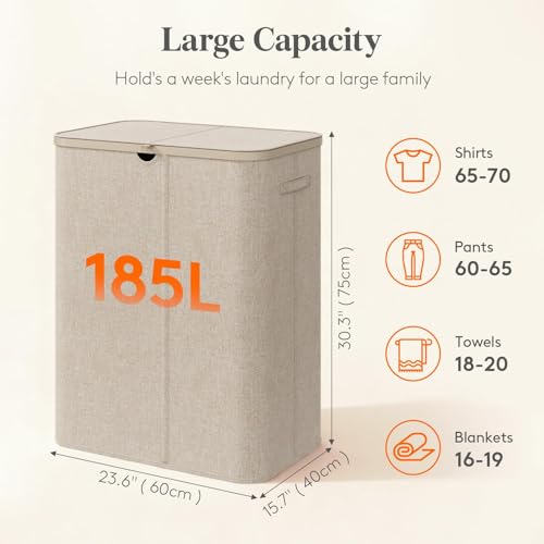 Lifewit 185L 3 Section Laundry Hamper with Lid, Large Laundry Basket with Handles and Removable Bags, Tall Clothes Hamper, Foldable Laundry Sorter for Bedroom Bathroom, Beige