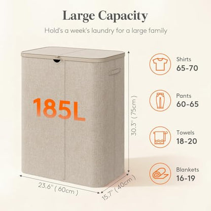 Lifewit 185L 3 Section Laundry Hamper with Lid, Large Laundry Basket with Handles and Removable Bags, Tall Clothes Hamper, Foldable Laundry Sorter for Bedroom Bathroom, Beige