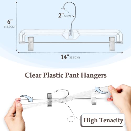 HOUSE DAY Clear Pants Hangers with Clips 10 Pack, 14'' Skirt Hangers | No-Mark Clip Hangers with Stronger Grip, Adjustable Clips for Jeans, Pants, Skirts and Shorts, Bulk Closet Hangers