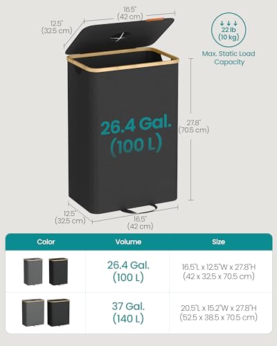 SONGMICS Recycling Bin for Kitchen 26.4 Gallon. Bottle Recycling Container, Collection Bin, for Metal, Plastic, Paper, Glass, Inner Bag with Handles, Kitchen, Ink Black and Natural Beige URRB509B01