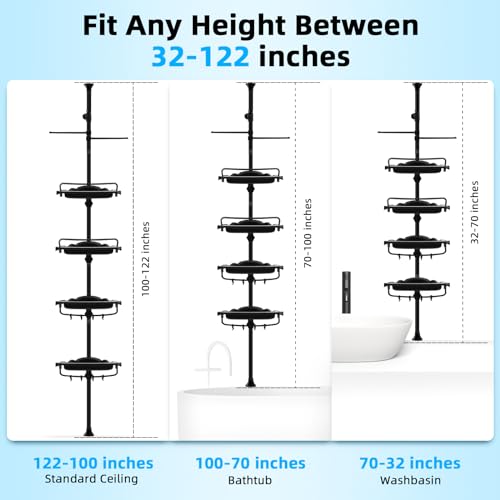 32-122inch Corner Shower Caddy Tension Pole Black, Rustproof Drill-Free Shower Shelves for Bathroom Bathtub Washbasin, Adjustable Shower Organizer with 4 Tier Patent Stable Shelves & Towel Bars