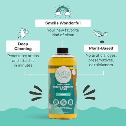 Buff City Soap - Liquid Laundry Soap Made With Simple Ingredients & No Harsh Chemicals - Cleans Tough Stains & Lifts Dirt - Juniper, Sandalwood, & Vanilla Scented Laundry Detergent - Fresh Cotton