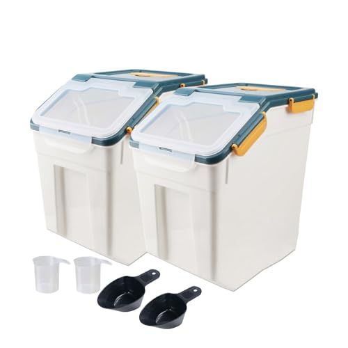 2 Pack Rice Storage Container with Measuring Cup 50 lb Flour Storage Container with Wheels, BPA Free Food Storage Container Dog Cat Food Bin Set for Dry Food Sugar, Cereal(Blue)