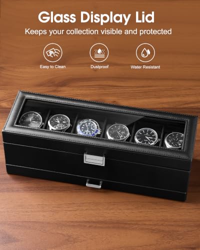 Lolalet 6-Slot Watch Case for Men, Mens Jewelry Box with Glass Lid -Black | Watch & Jewelry Box with Drawer, Easy-Clean PU Leather, Soft Removable Pillow, Home Organizer&Display, Dust-Proof, Men's Gift
