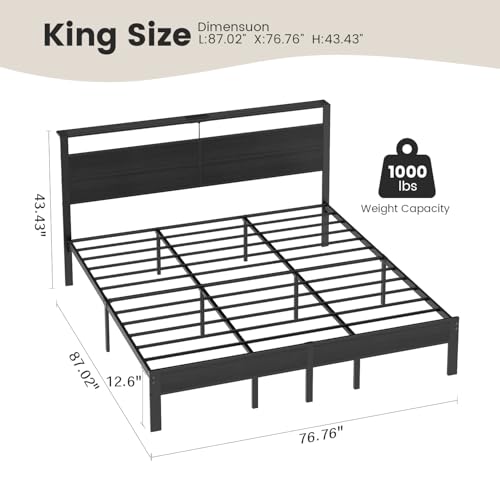 King Size Bed Frame with LED Lights and Charging Station | Black Metal Platform Bed with Wood Headboard, Sturdy Slats, No Box Spring Needed, Noise Free, Easy Assembly