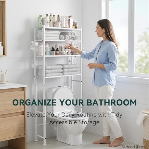 4-Tier Over The Toilet Storage Shelves, White | 200lb Total Capacity, Metal Bathroom Organizer with 36" Clearance, Includes Paper Holder & 4 Hooks, Suit for Small Space