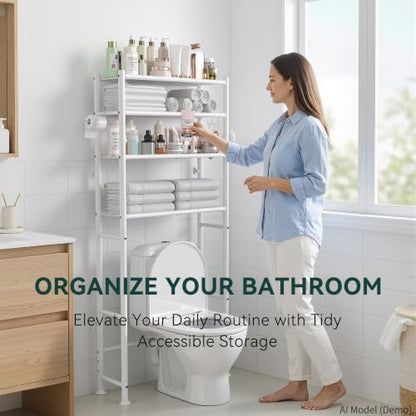 4-Tier Over The Toilet Storage Shelves, White | 200lb Total Capacity, Metal Bathroom Organizer with 36" Clearance, Includes Paper Holder & 4 Hooks, Suit for Small Space