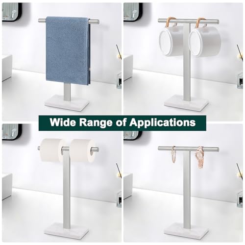 Hand Towel Holder, T-Shape Hand Towel Stand for Bathroom, Hand Towel Rack Bar Standing for Vanity Kitchen Countertop, 304 Stainless Steel (Marble Base, Brushed)