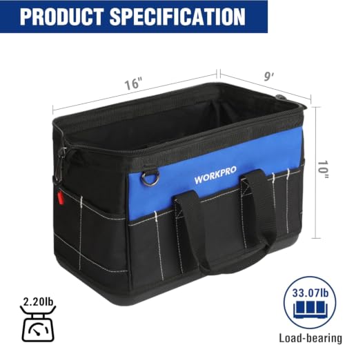 WORKPRO 16-inch Wide Mouth Tool Bag with Water-Proof Molded Base | Multi-Pocket, Heavy Duty Cloth, Adjustable Shoulder Strap, Double-pull Zipper, Suitable for Workshops, Outdoor Projects