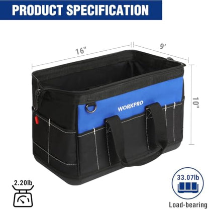 WORKPRO 16-inch Wide Mouth Tool Bag with Water-Proof Molded Base | Multi-Pocket, Heavy Duty Cloth, Adjustable Shoulder Strap, Double-pull Zipper, Suitable for Workshops, Outdoor Projects