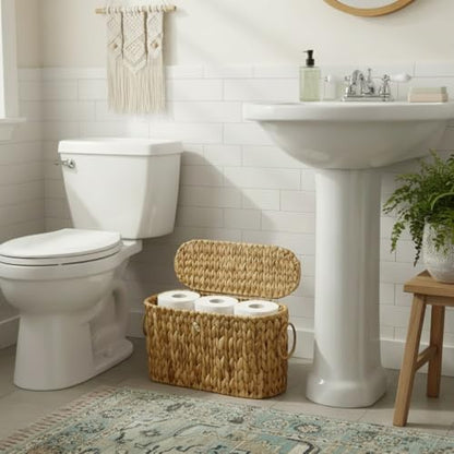 Toilet Paper Basket with Lid,Wicker Basket for Bathroom Organizers and Storage,Holds Up to 6 Mega Rolls, Decorative Hand-Woven Rattan Bathroom Decor Accessories,Natural Water Hyacinth