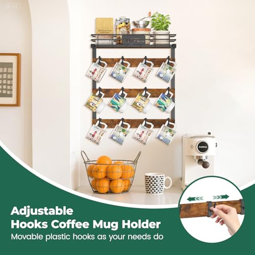 Coffee Mug Holder Wall Mounted Display Rack, Black... (Black | Metal, Wood)