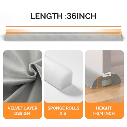 fowong Door Draft Stopper 36" Adjustable Under Door Draft Stopper Soundproofing 30 Inch to 36 Inch Triangle Noise Blocker Seal Large Gap up to 1.7", Easy to Install Grey