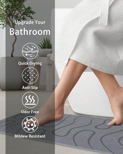 Stone Bath Mat, Diatomite Fast Drying Non Slip Stone Shower Mat, Super Absorbent for Bathroom & Kitchen, Multi-Use as Pet Mat, Easy to Clean 16"x24", Gray