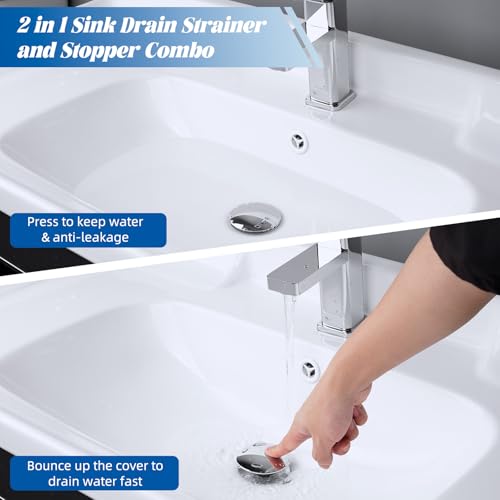 Hibbent All Metal 2 in 1 Bathroom Sink Stopper, Universal Pop Up Drain Strainer, Brass Bullet Core Push Type Sink Stopper for 1.1''~2.3'' Basin, Big Push Button, Anti Clogging Drain Filter, Chrome
