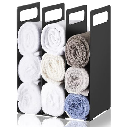 Set of 2 Towel Organizer for Closet Shelf, Interlocking Metal Towel Storage Organizer for Bathroom, Storage Rack with Divider for Linen Closet, Cabinet and Home Organization (Black)