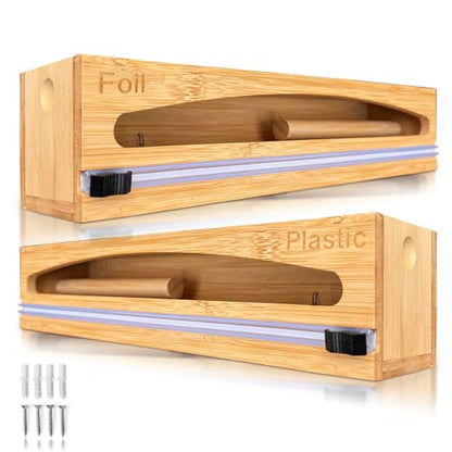 Wrap Organizer Dispenser with Cutter, (2 Piece Set), Fits 12" Rolls, Plastic Wrap, Aluminum Foil, Wax Paper, Saran Wrap, Cling Wrap Holder for Kitchen Storage, Mountable, Bamboo