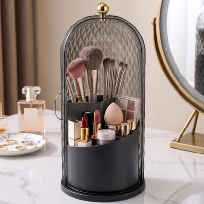Toothbrush Holders with Sliding Lid, Rotating 3 Slots Bathroom Organizer Countertop, Tooth Brush Toothpaste Holder Bathroom Counter Stand Caddy for Vanity Makeup Brushes Holder (Black)