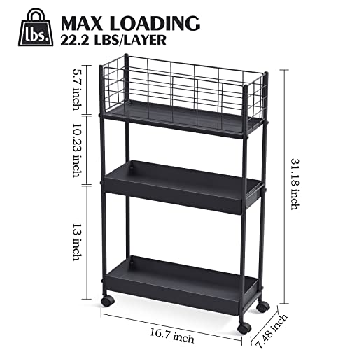 KINGRACK Slim Rolling Storage Cart 3 Tier - Heavy Duty Metal Utility Cart with Raised Edge & Wheels, Narrow Small Mobile Organizer Shelves for Bathroom, Kitchen, Laundry, Office, Living Room, Black