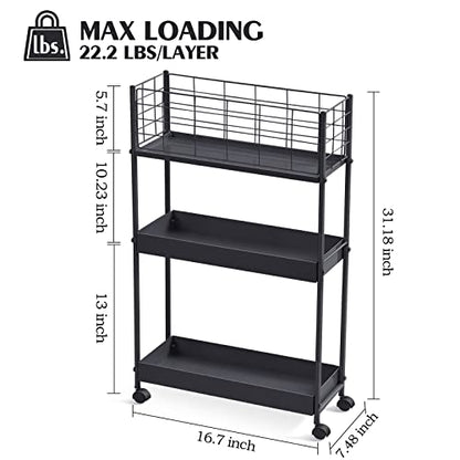 KINGRACK Slim Rolling Storage Cart 3 Tier - Heavy Duty Metal Utility Cart with Raised Edge & Wheels, Narrow Small Mobile Organizer Shelves for Bathroom, Kitchen, Laundry, Office, Living Room, Black