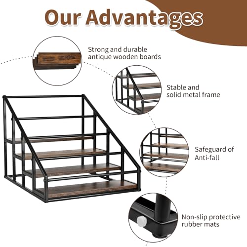 4-Tier Coffee Syrup Organizer, 16-Bottle Rack, Rustic Brown | Holds up to 16 bottles with stepped visibility; rustic wood and metal design for syrups, kitchens, and home coffee bars.