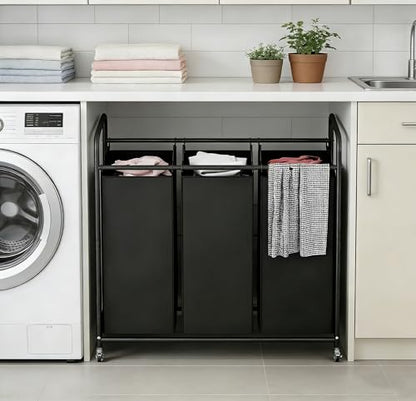 LINZINAR 3 Section Laundry Hamper, Black Laundry Basket 135L Laundry Sorter | Laundry Room Organization with Heavy Duty Rolling Lockable Wheels and Removable Bag, Bedroom Laundry Cart for Clothes Storage