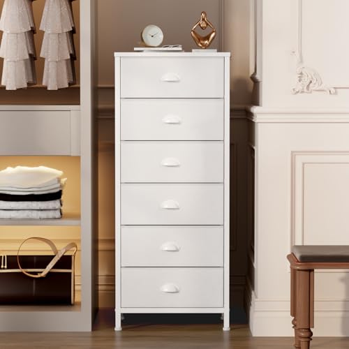 White Dresser for Bedroom, 6 Fabric Drawers Chest of Drawers | Tall Skinny Dresser for Closet, Vertical Storage Tower Unit, Tall Nightstand for Dorm, Living Room, Metal Frame, Wooden Top