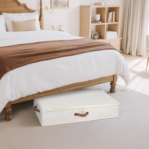 StorageWorks Underbed Storage Containers with Lids, 2-Pack 6" Low Profile Under Bed Organizers for Clothes, Bedding and Sweaters, 53L Large Fabric Storage Bins, Foldable Space Saving, Beige