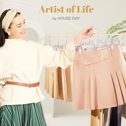 HOUSE DAY 14 Inch Clear Pants Hangers with Clips 12 Pack, Skirt Hangers | Adjustable Clip Hangers for Pants, Skirts, Jeans and Shorts, with No Marks Pads and 360° Swivel Hook, for Closet Organization