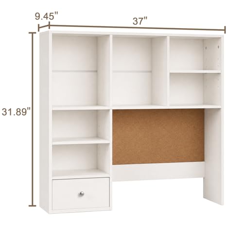 Desk Hutch Dorm with Cork Board, Shelves and Drawer | Desktop Bookshelf for College Dorm, Student Bedroom, White