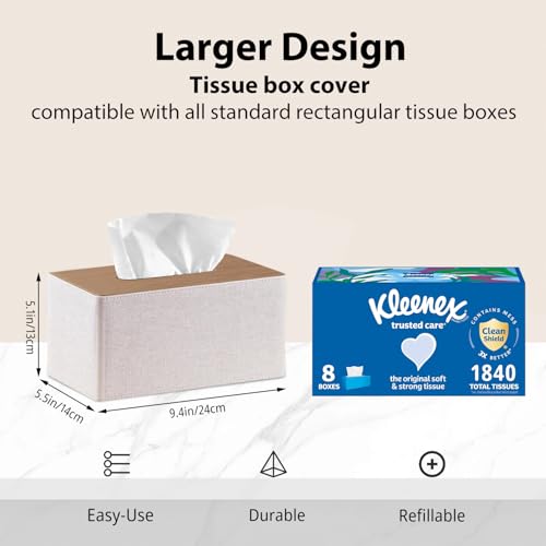 Larger Tissue Box Cover, Modern PU Leather Rectangular Facial Tissue Holder | Minimalist Tissue Organizer/Dispenser, Napkin Storage Box for Bathroom,Vanity Countertop, Nightstand, Office, Home Decor