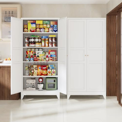 75" H Metal Storage Cabinet with 2 Doors and 4 Shelves,Tall Kitchen Pantry Cabinets,Farmhouse Utility Pantry Organizers for Cupboard/Dining/Bathroom/Home Office/Garage Room,White